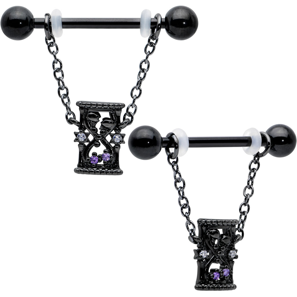 BodyCandy 14G 5/8 Purple Gem Black Goth Hourglass Chain Dangle Nipple Ring Set — main product shot