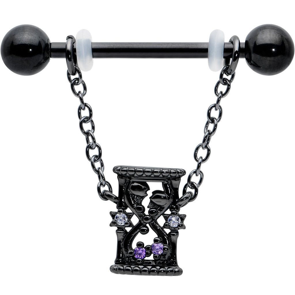 BodyCandy 14G 5/8 Purple Gem Black Goth Hourglass Chain Dangle Nipple Ring Set — detail close-up