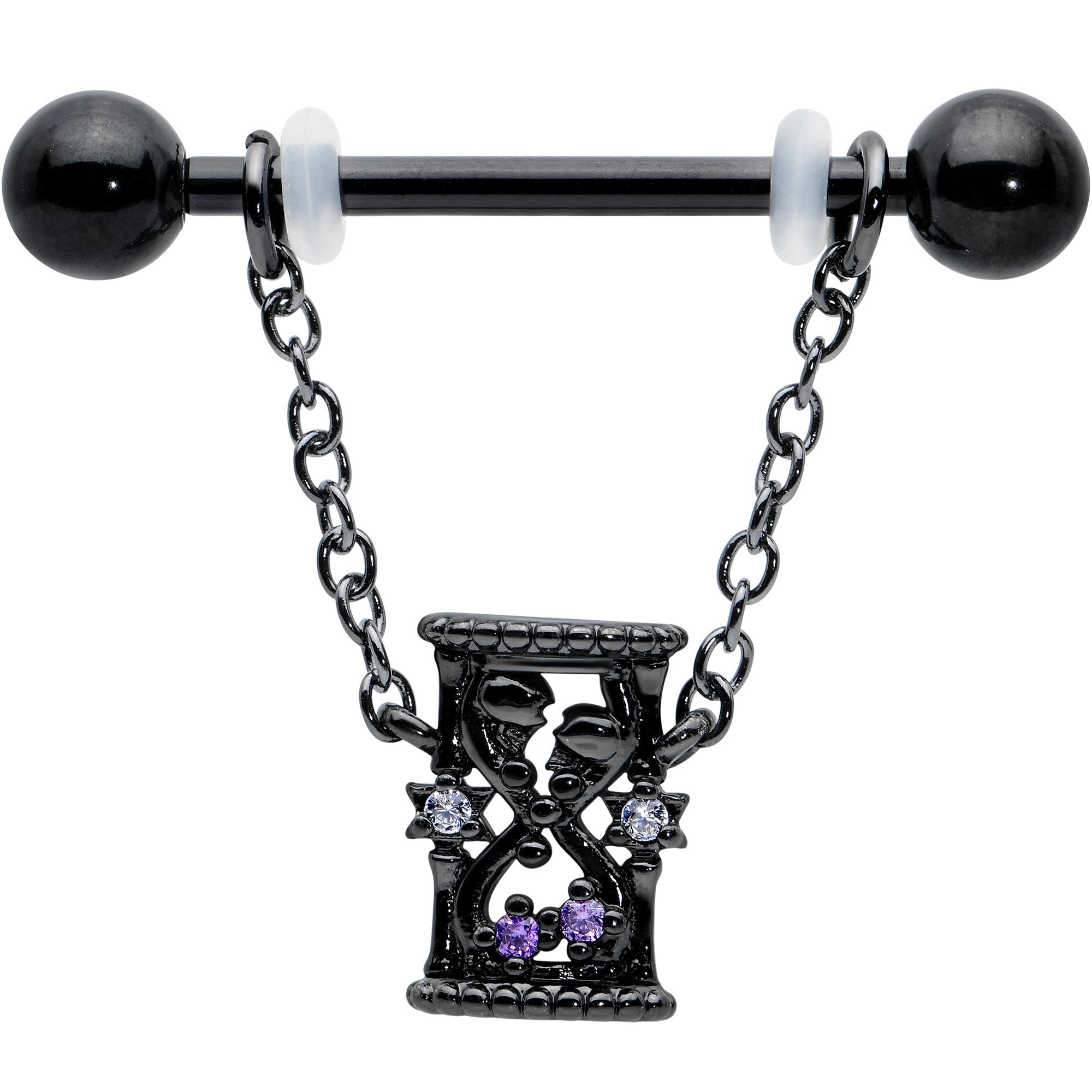BodyCandy 14G 5/8 Purple Gem Black Goth Hourglass Chain Dangle Nipple Ring Set — detail close-up