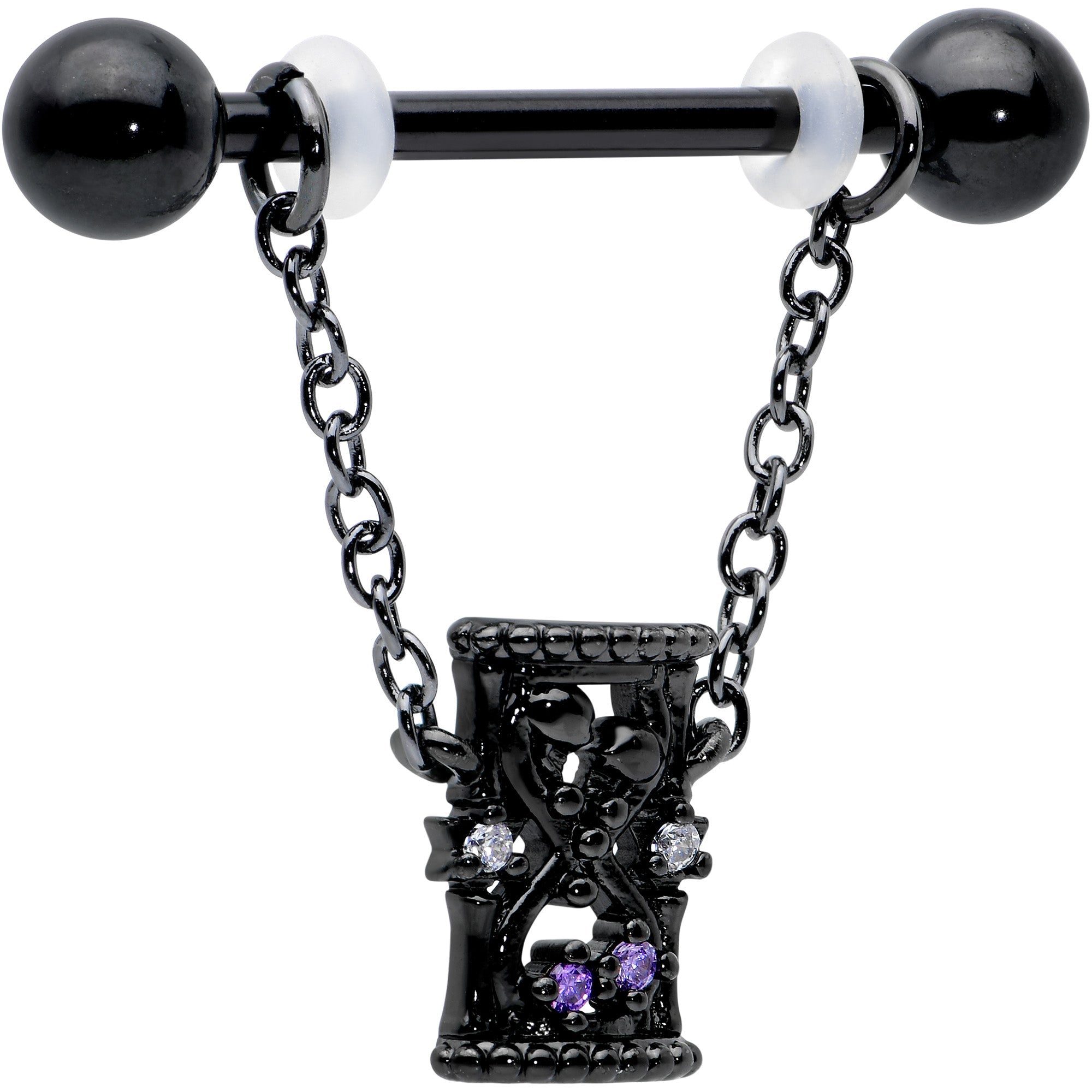 BodyCandy 14G 5/8 Purple Gem Black Goth Hourglass Chain Dangle Nipple Ring Set — lifestyle context
