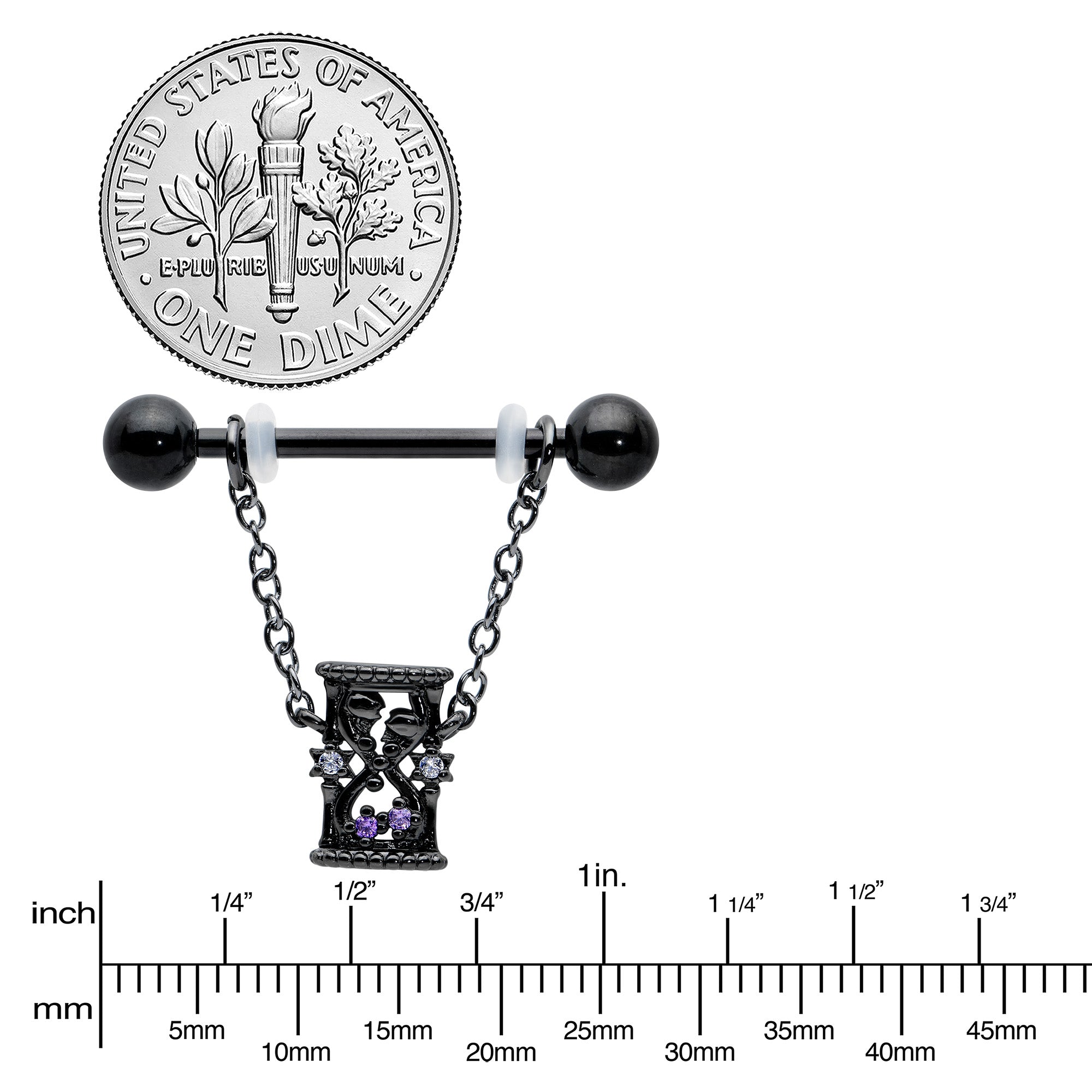 BodyCandy 14G 5/8 Purple Gem Black Goth Hourglass Chain Dangle Nipple Ring Set — side view