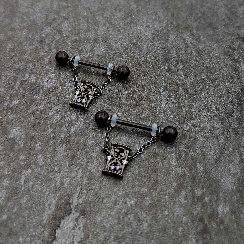 BodyCandy 14G 5/8 Purple Gem Black Goth Hourglass Chain Dangle Nipple Ring Set — back view