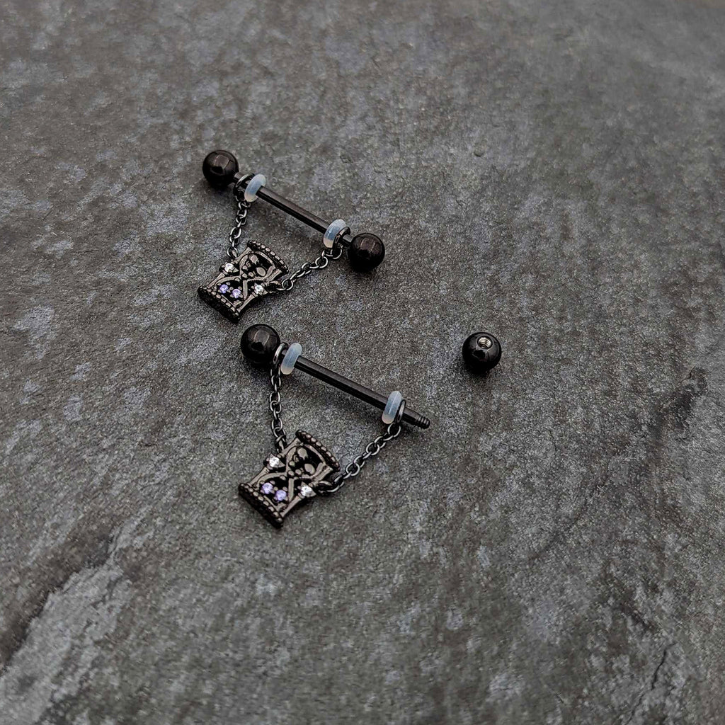 BodyCandy 14G 5/8 Purple Gem Black Goth Hourglass Chain Dangle Nipple Ring Set — alternative angle