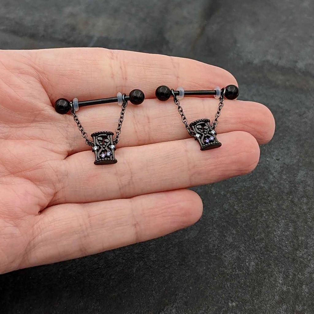 BodyCandy 14G 5/8 Purple Gem Black Goth Hourglass Chain Dangle Nipple Ring Set — size reference