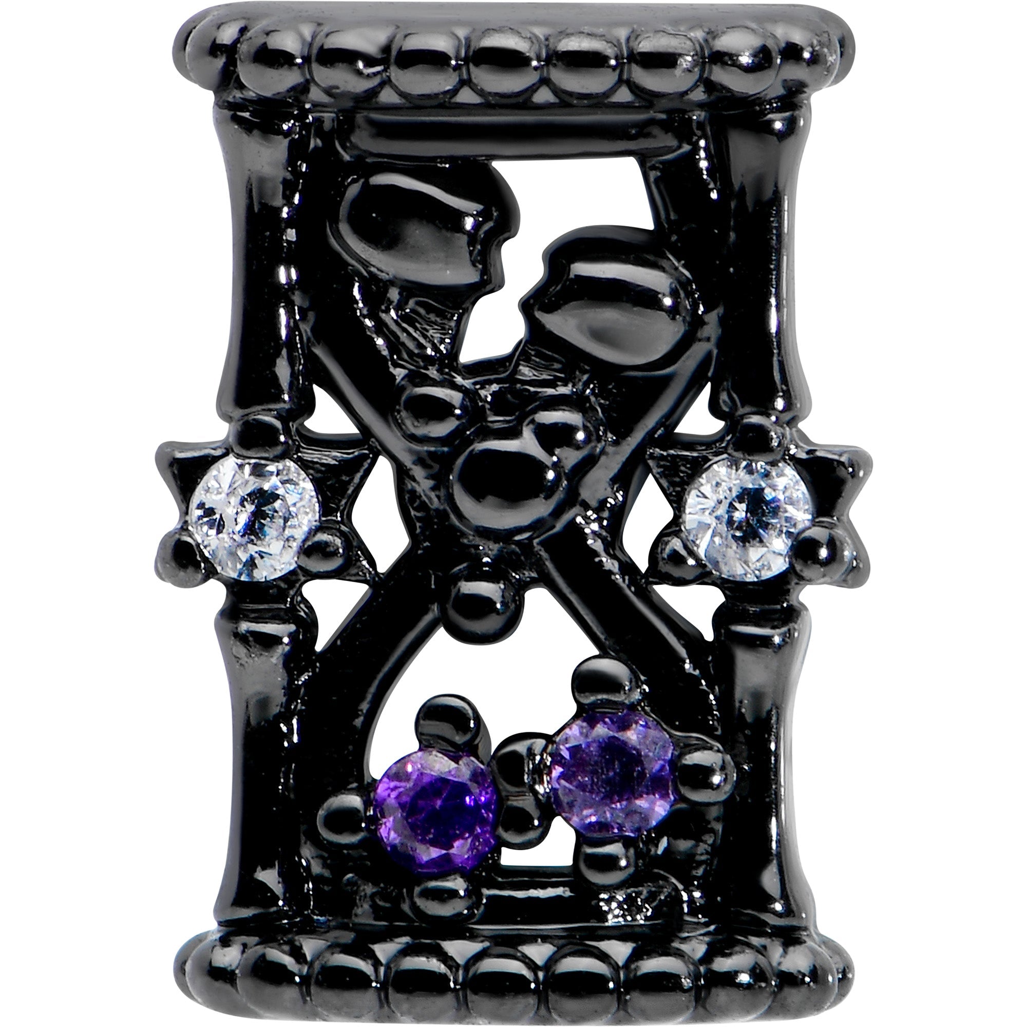 BodyCandy 16G 5/16 Purple Gem Black Gothic Hourglass Labret Monroe Tragus — detail close-up