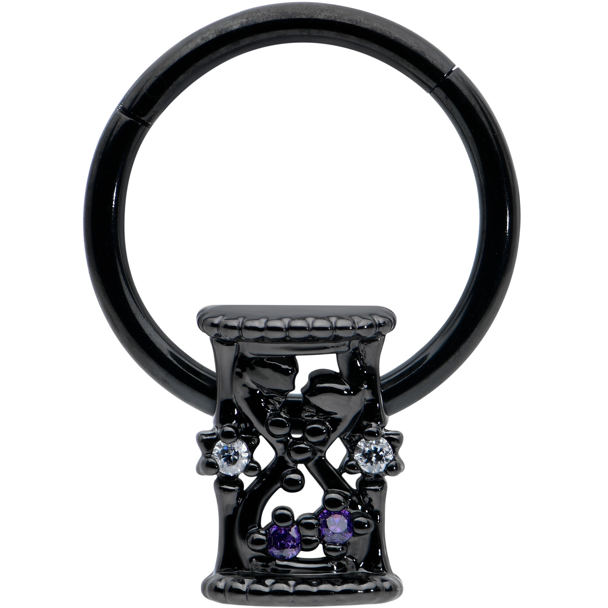 BodyCandy 16G 3/8 Purple Gem Black Heart Goth Hourglass Hinged Segment Ring — main product shot