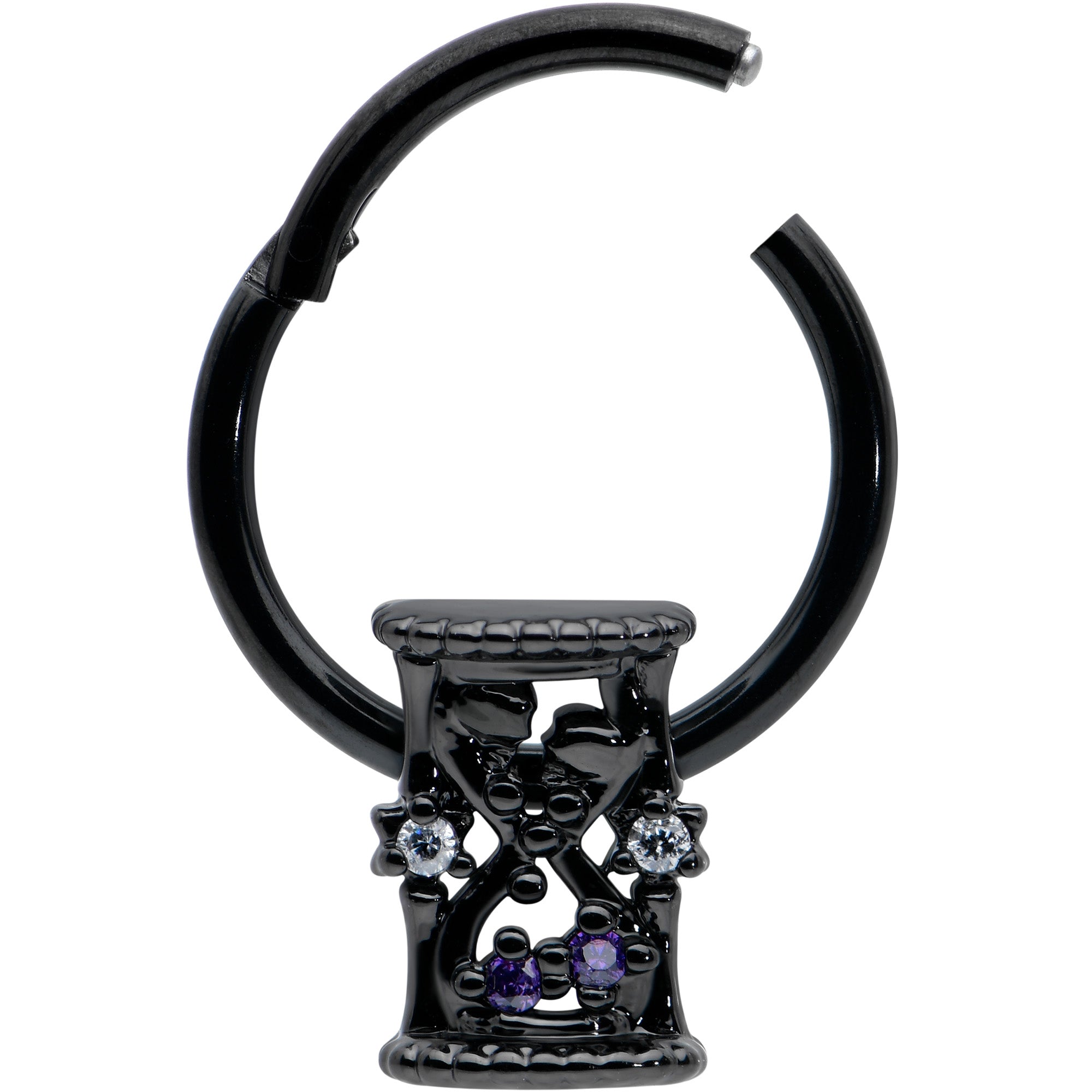 BodyCandy 16G 3/8 Purple Gem Black Heart Goth Hourglass Hinged Segment Ring — detail close-up