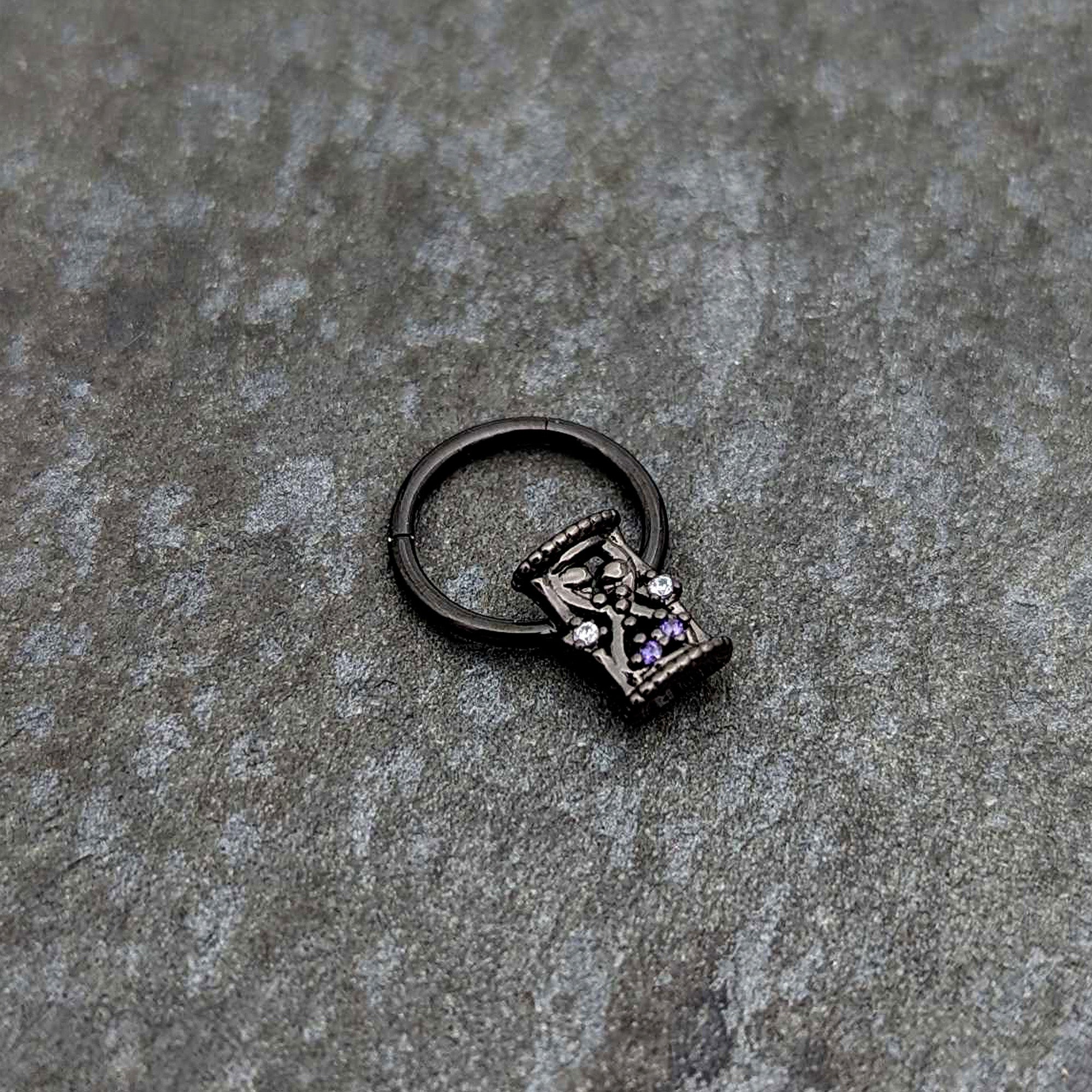 BodyCandy 16G 3/8 Purple Gem Black Heart Goth Hourglass Hinged Segment Ring — side view