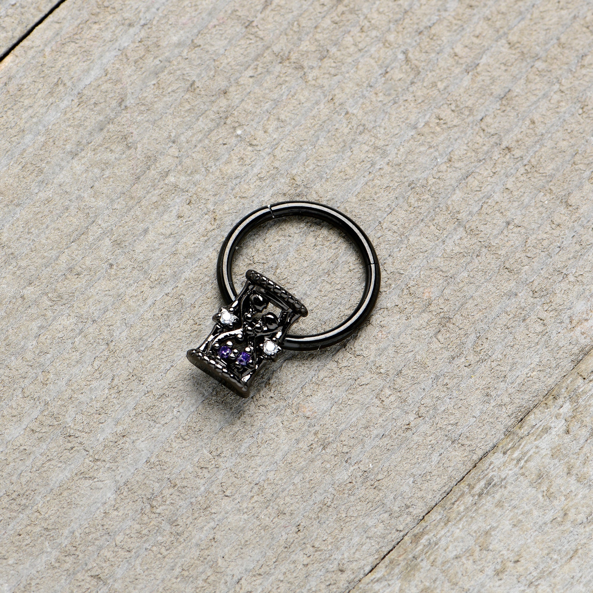 BodyCandy 16G 3/8 Purple Gem Black Heart Goth Hourglass Hinged Segment Ring — alternative angle
