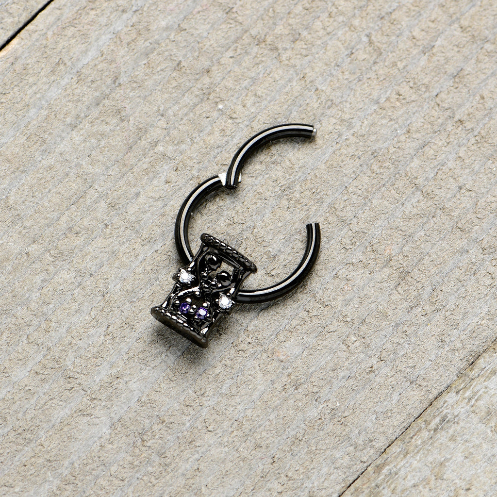 BodyCandy 16G 3/8 Purple Gem Black Heart Goth Hourglass Hinged Segment Ring — in-use photo