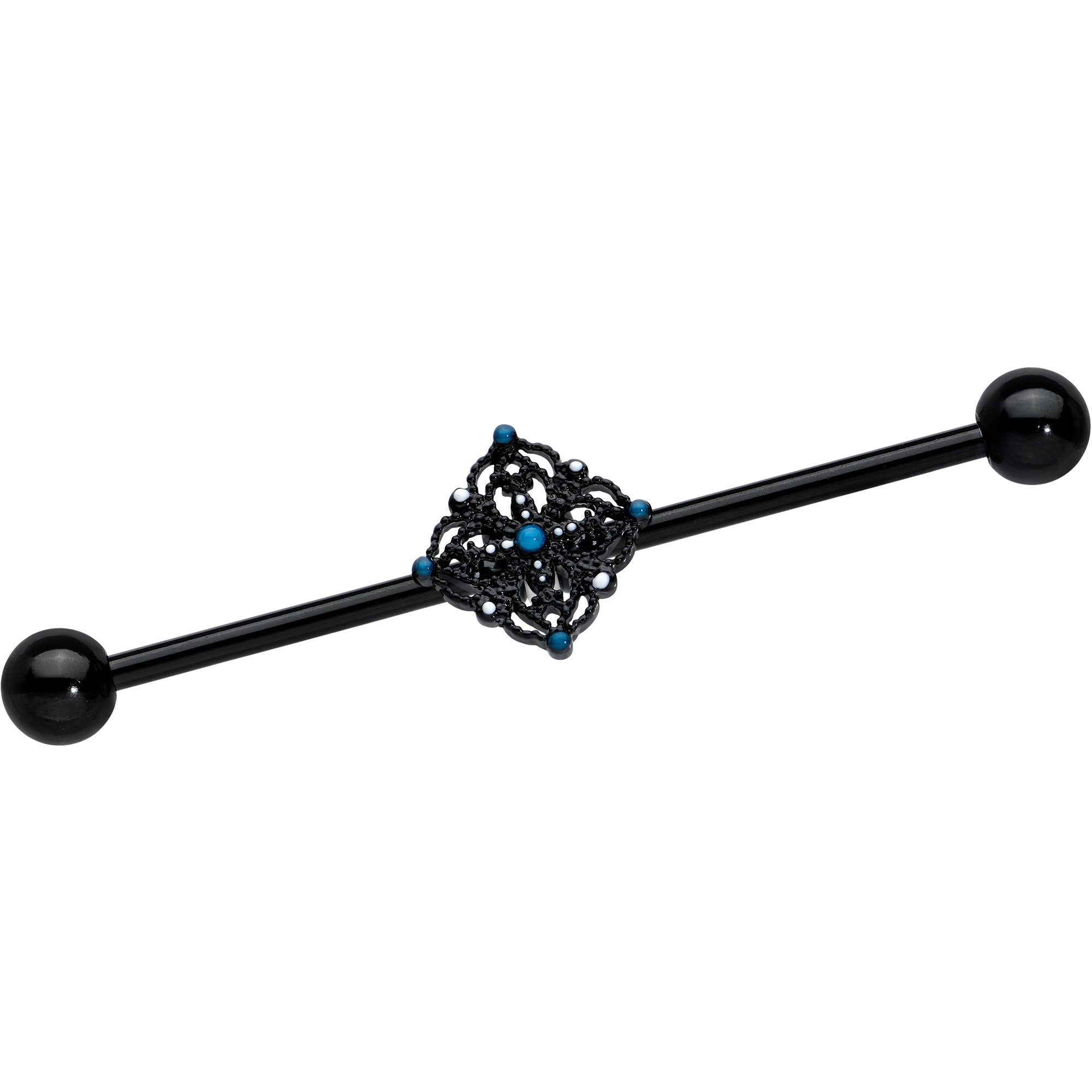 BodyCandy 14G Blue Gem Black Lacy Rhombus Industrial Barbell 38mm — main product shot