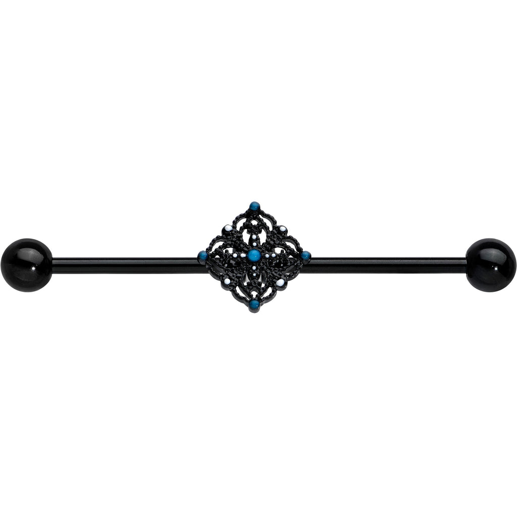 BodyCandy 14G Blue Gem Black Lacy Rhombus Industrial Barbell 38mm — detail close-up