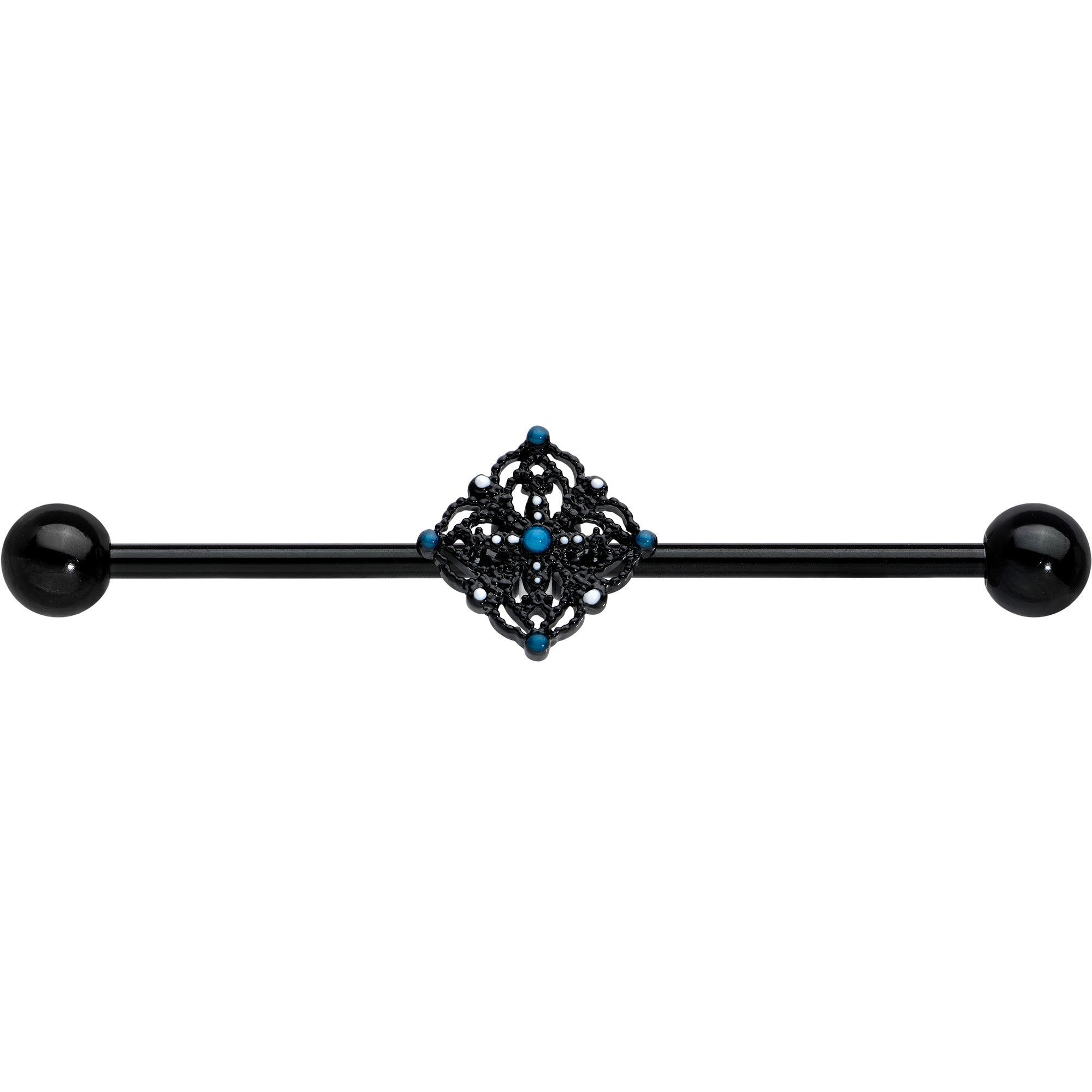 BodyCandy 14G Blue Gem Black Lacy Rhombus Industrial Barbell 38mm — detail close-up