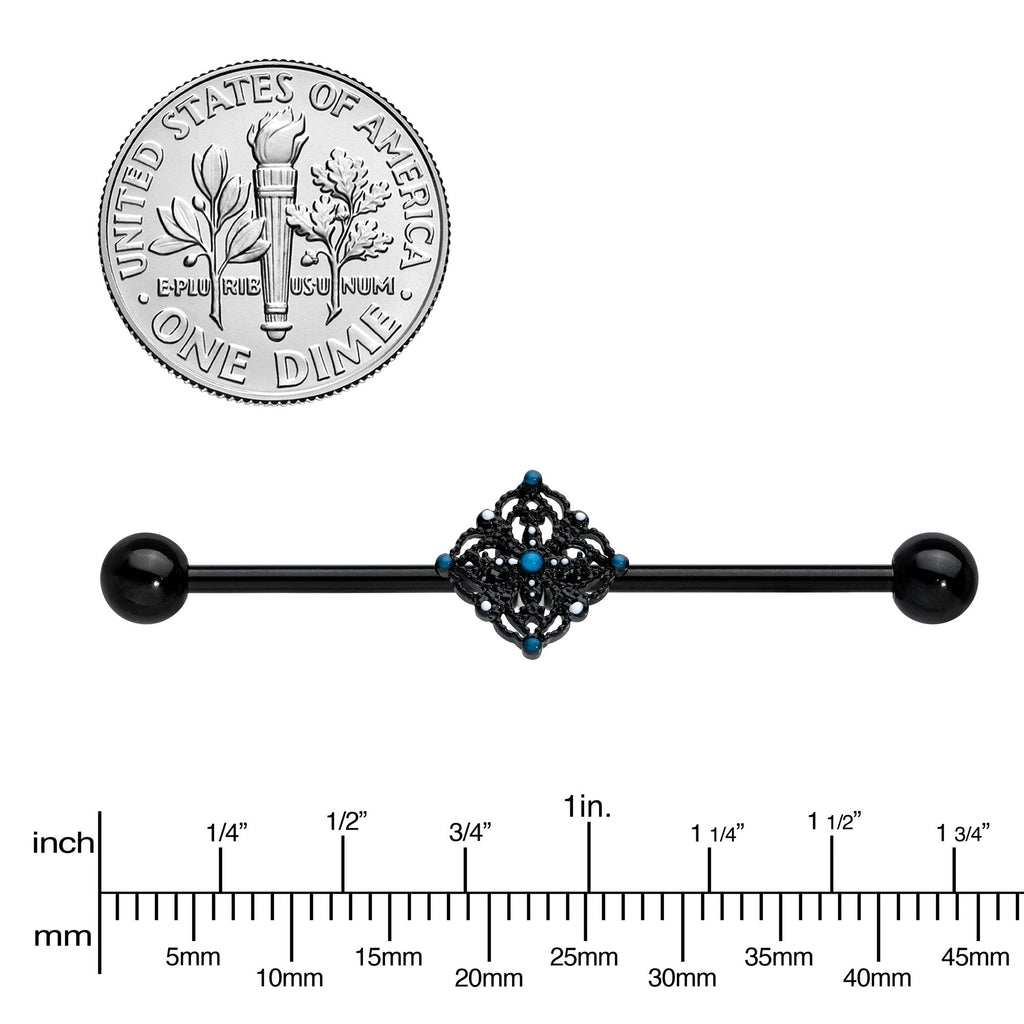 BodyCandy 14G Blue Gem Black Lacy Rhombus Industrial Barbell 38mm — lifestyle context