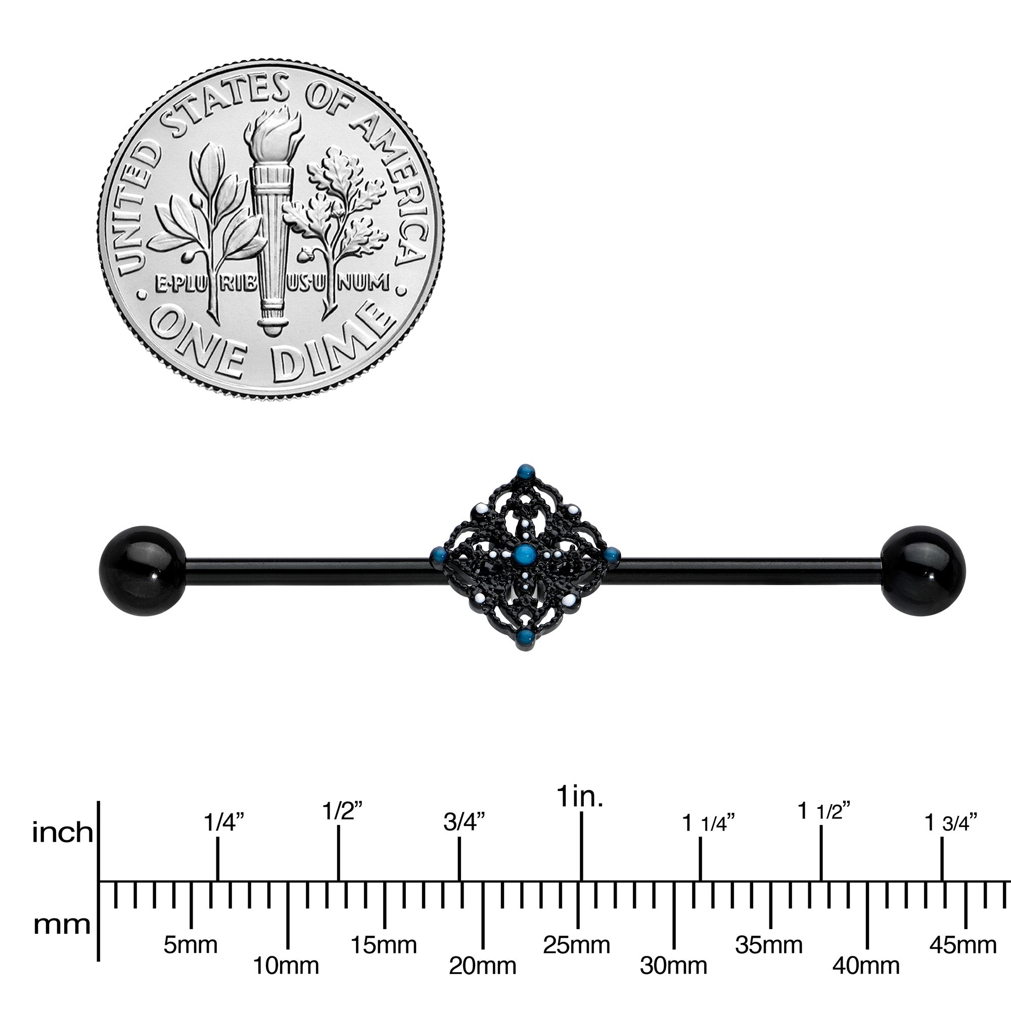 BodyCandy 14G Blue Gem Black Lacy Rhombus Industrial Barbell 38mm — lifestyle context