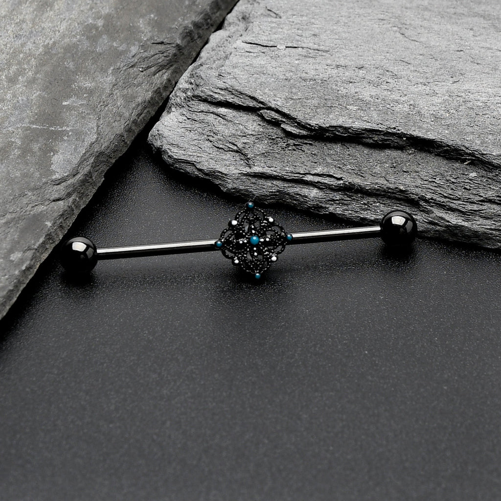 BodyCandy 14G Blue Gem Black Lacy Rhombus Industrial Barbell 38mm — side view