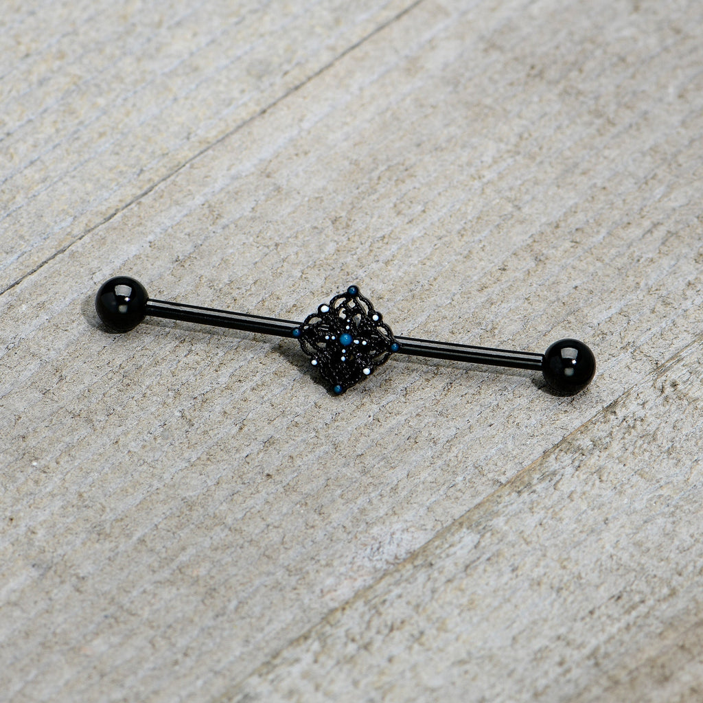 BodyCandy 14G Blue Gem Black Lacy Rhombus Industrial Barbell 38mm — back view
