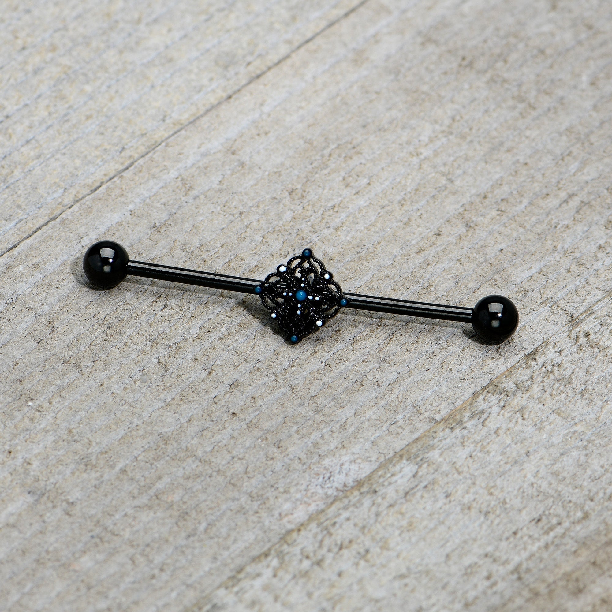 BodyCandy 14G Blue Gem Black Lacy Rhombus Industrial Barbell 38mm — back view