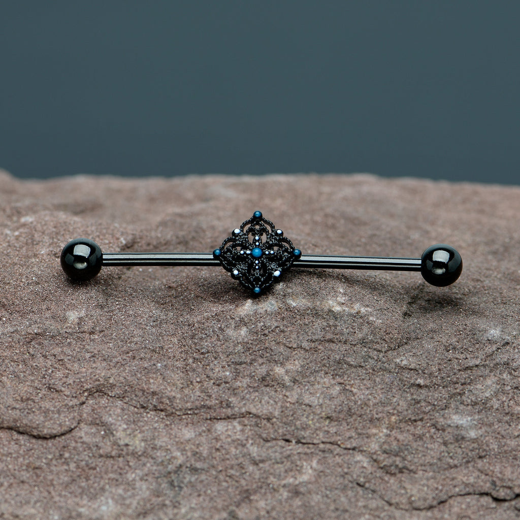 BodyCandy 14G Blue Gem Black Lacy Rhombus Industrial Barbell 38mm — in-use photo