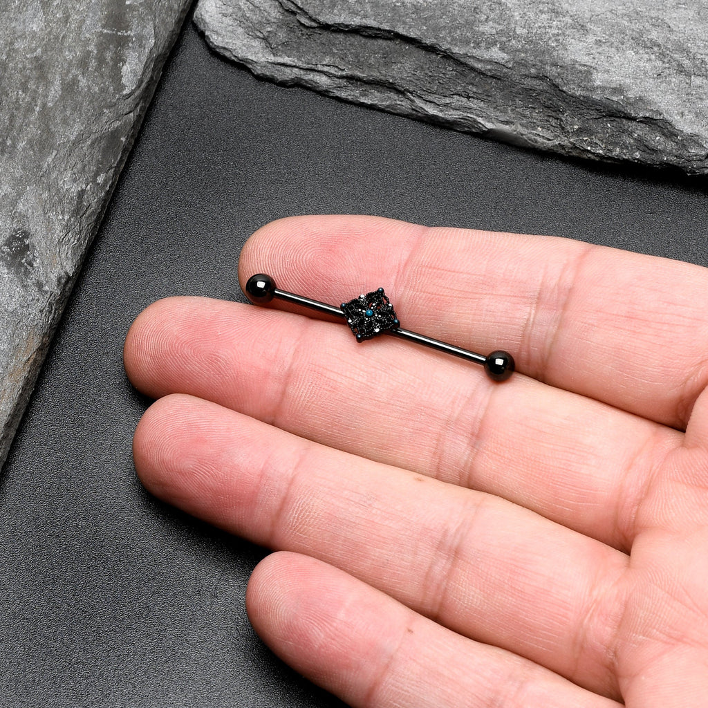 BodyCandy 14G Blue Gem Black Lacy Rhombus Industrial Barbell 38mm — size reference