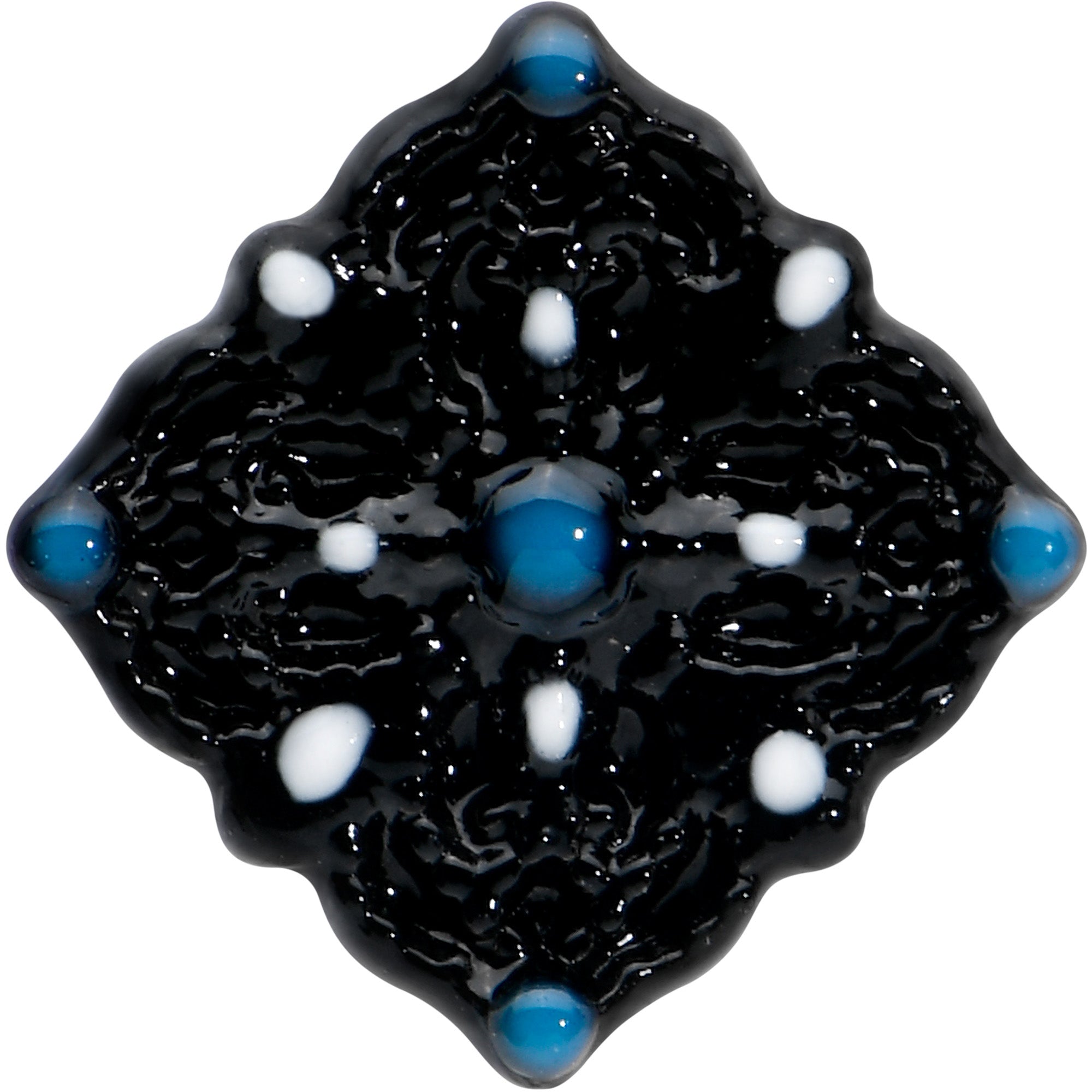 BodyCandy 16G 1/4 Blue Gem Black Lacy Rhombus Cartilage Tragus Earring — detail close-up
