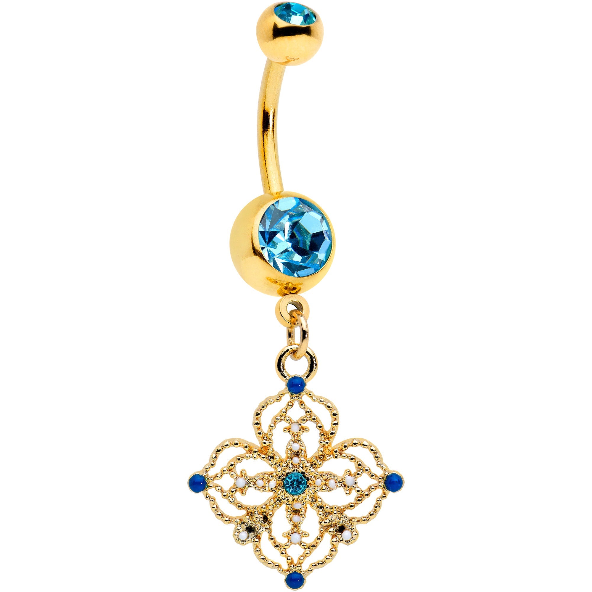 BodyCandy Blue Gem Gold Tone Texture Emblem Dangle Belly Ring — main product shot