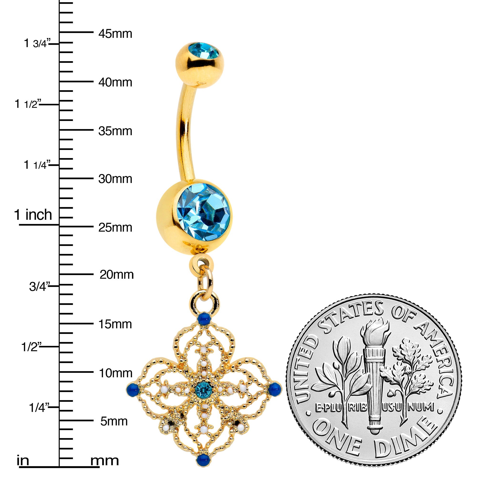 BodyCandy Blue Gem Gold Tone Texture Emblem Dangle Belly Ring — detail close-up
