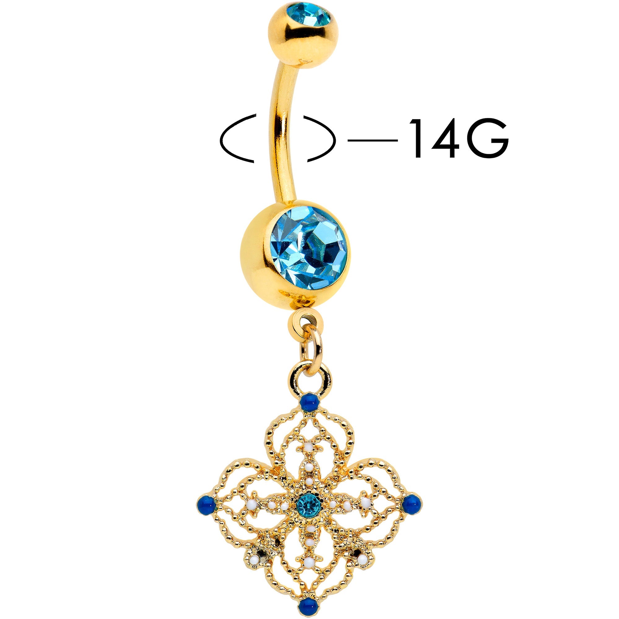 BodyCandy Blue Gem Gold Tone Texture Emblem Dangle Belly Ring — lifestyle context