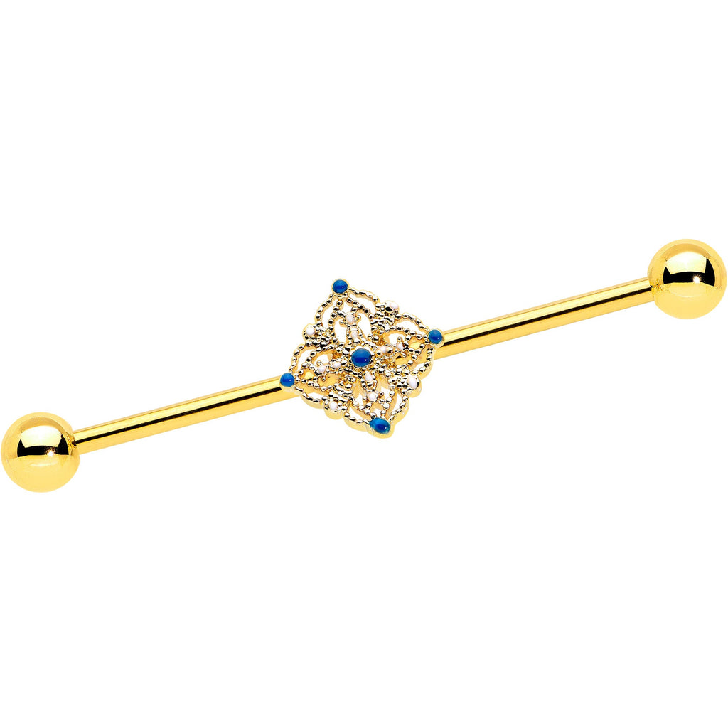 BodyCandy 14G Blue Gem Gold Tone Texture Emblem Industrial Barbell 38mm — main product shot