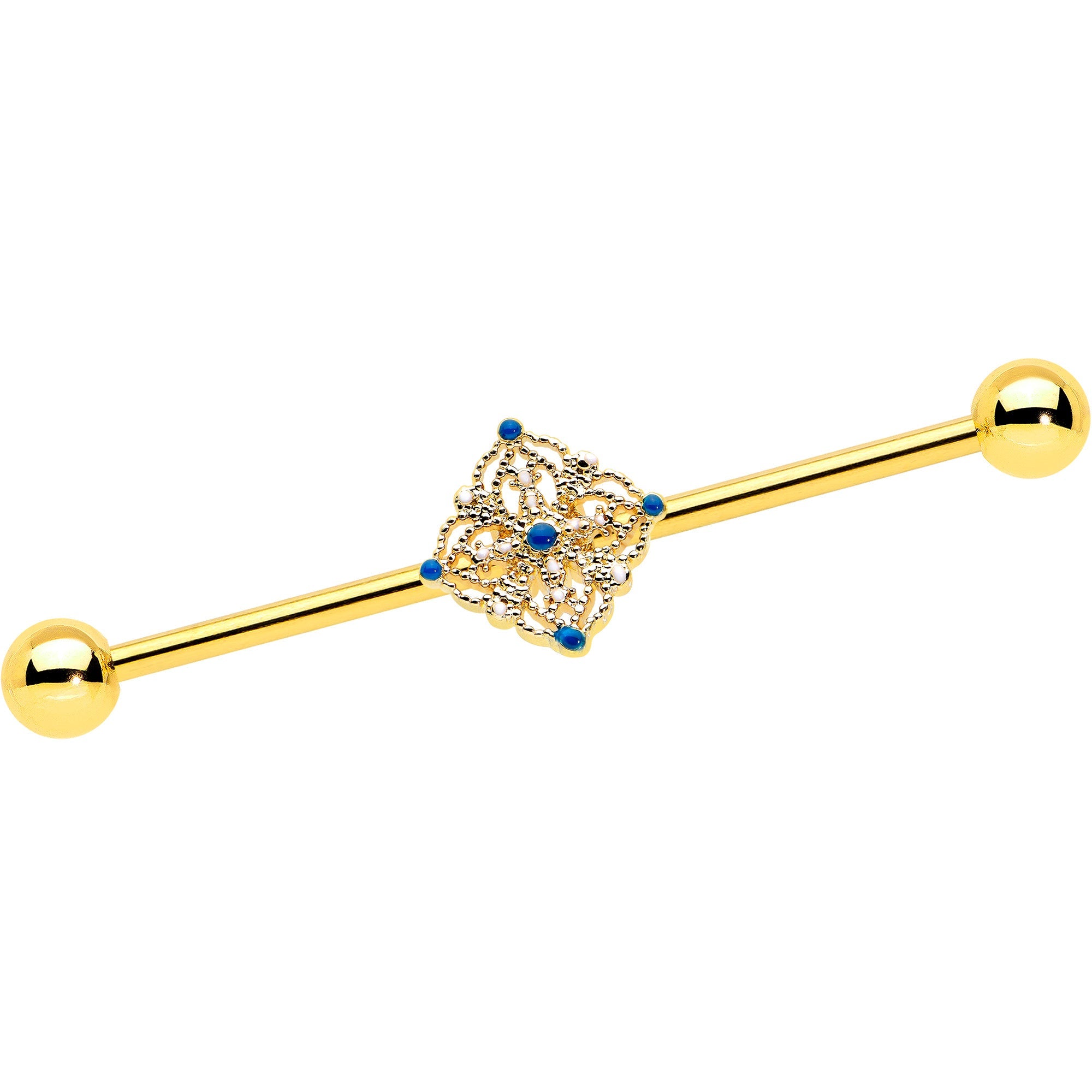BodyCandy 14G Blue Gem Gold Tone Texture Emblem Industrial Barbell 38mm — main product shot