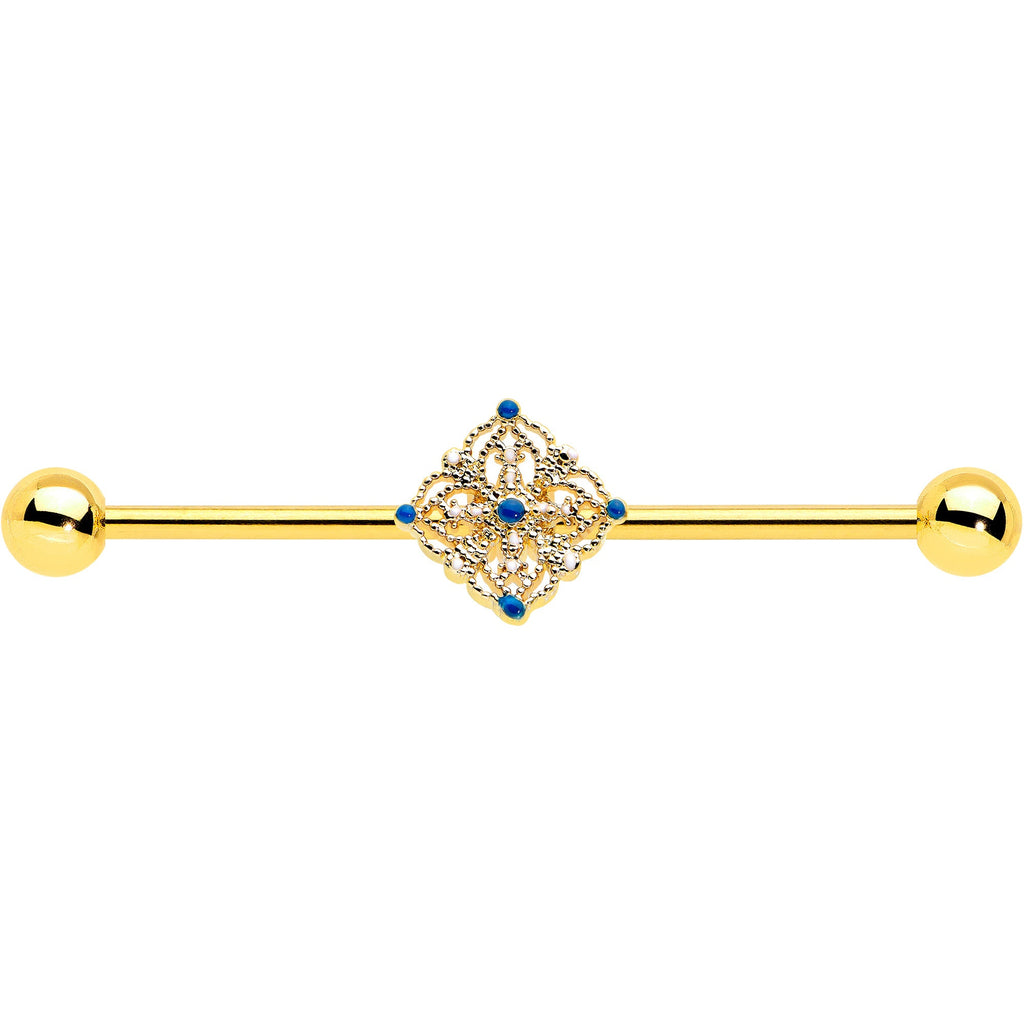 BodyCandy 14G Blue Gem Gold Tone Texture Emblem Industrial Barbell 38mm — detail close-up
