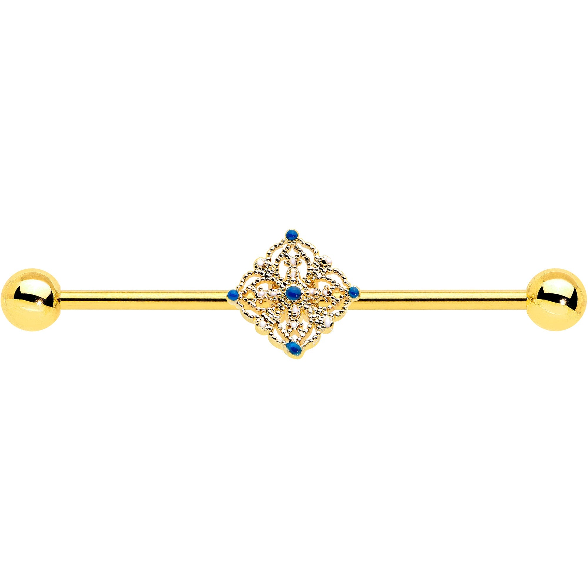 BodyCandy 14G Blue Gem Gold Tone Texture Emblem Industrial Barbell 38mm — detail close-up