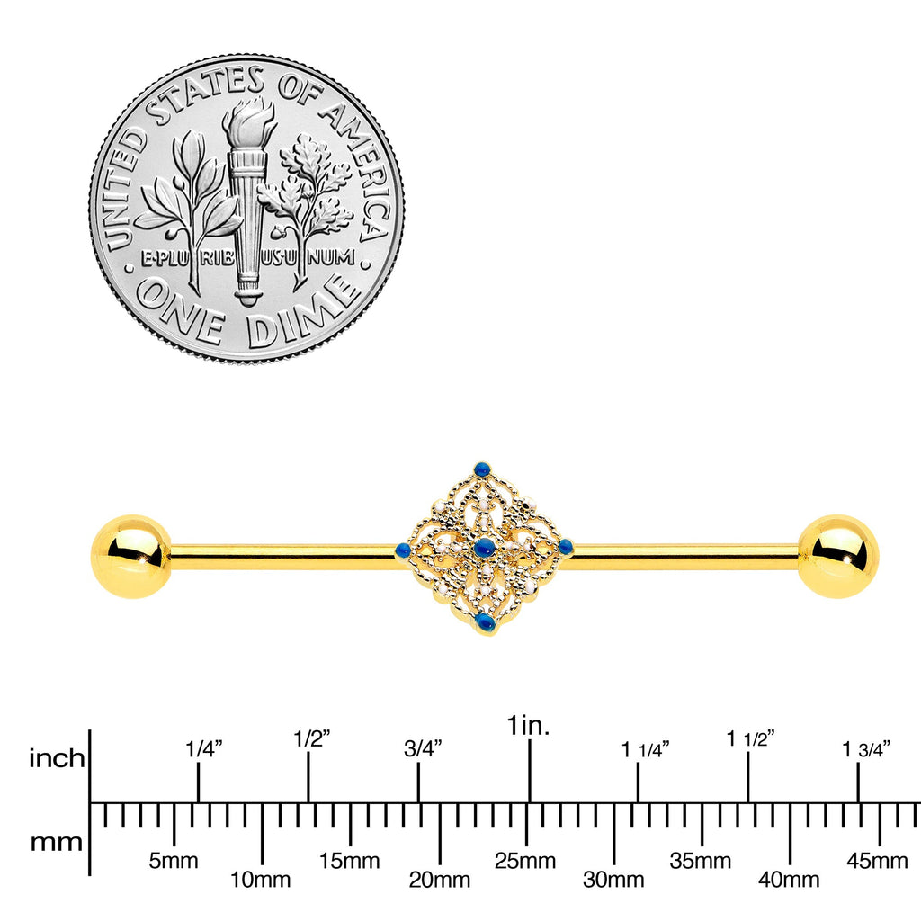 BodyCandy 14G Blue Gem Gold Tone Texture Emblem Industrial Barbell 38mm — lifestyle context