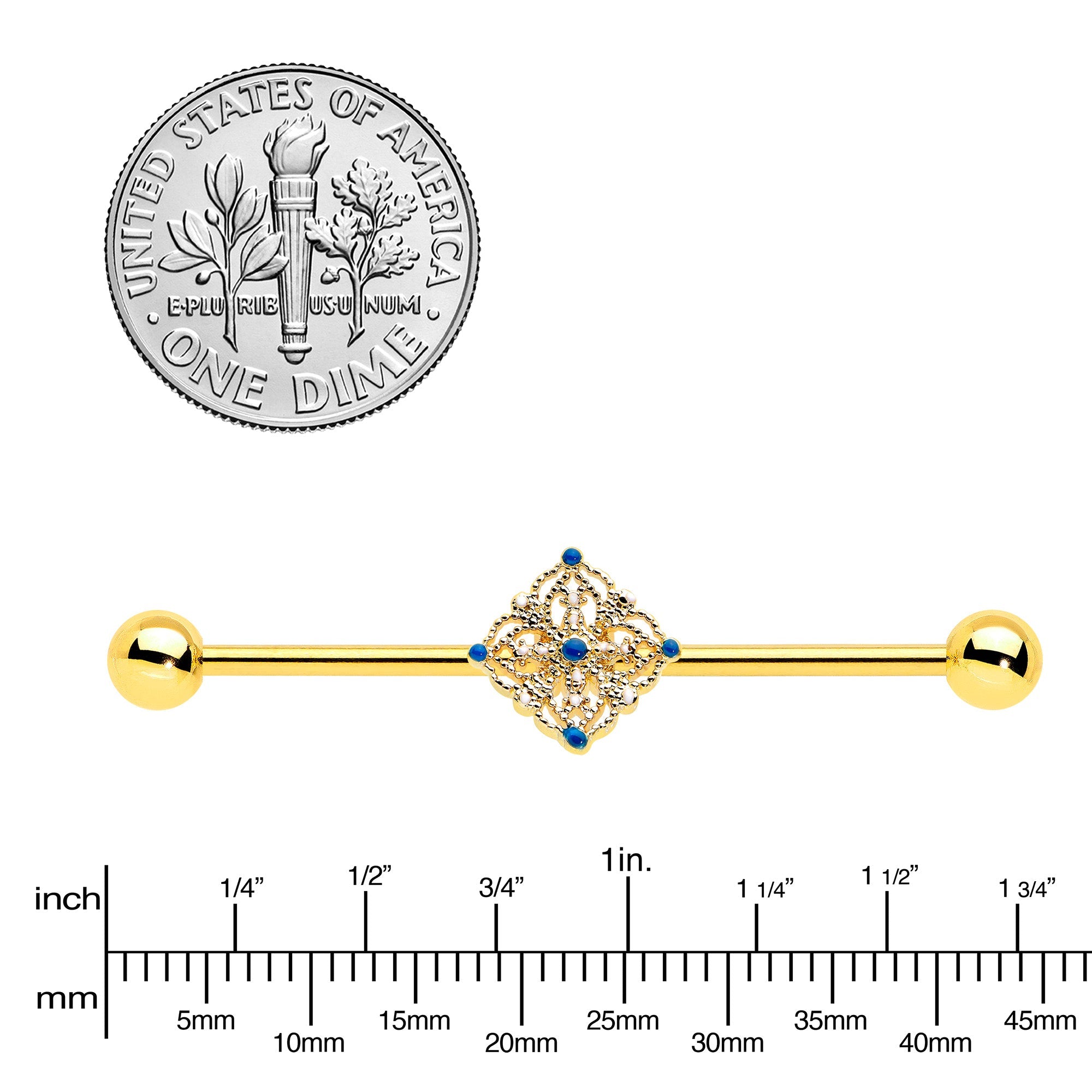 BodyCandy 14G Blue Gem Gold Tone Texture Emblem Industrial Barbell 38mm — lifestyle context