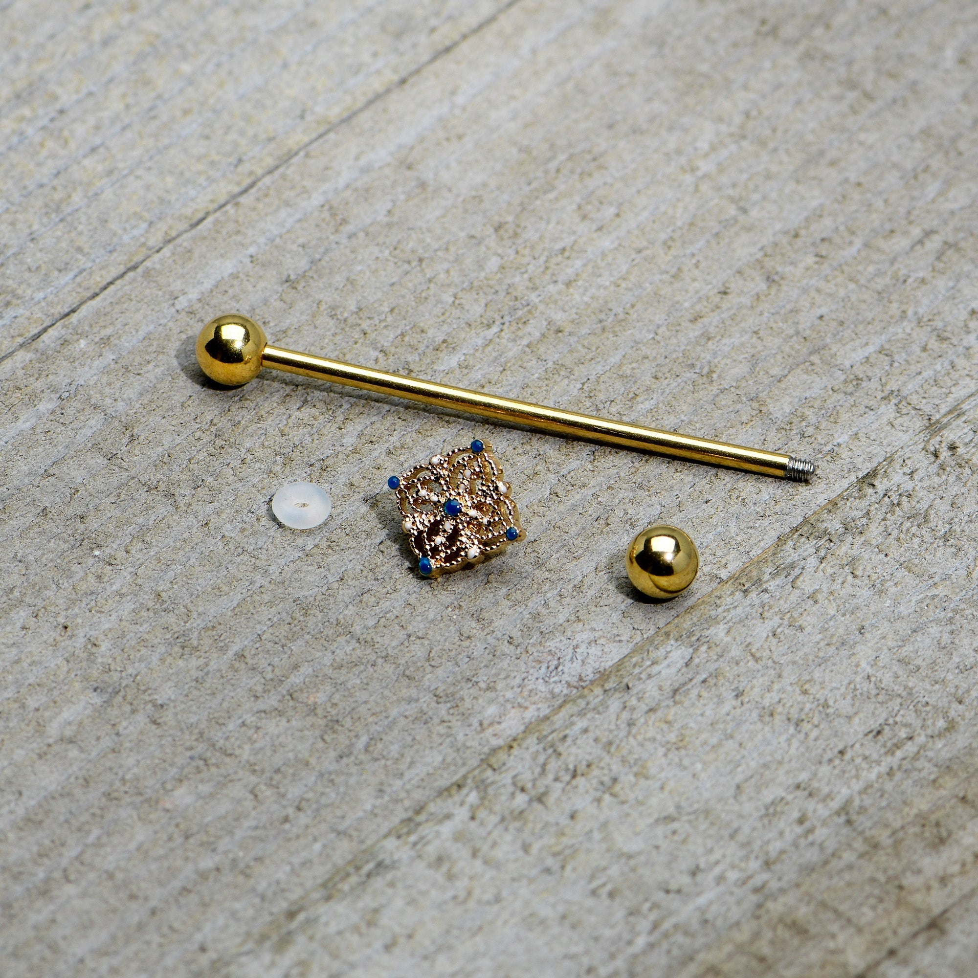 BodyCandy 14G Blue Gem Gold Tone Texture Emblem Industrial Barbell 38mm — alternative angle