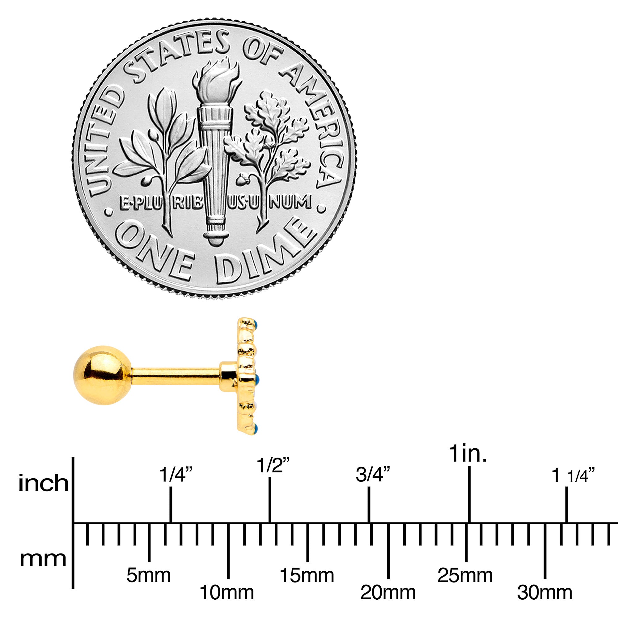 BodyCandy 16G 1/4 Blue Gem Gold Tone Lacy Rhombus Cartilage Tragus Earring — side view