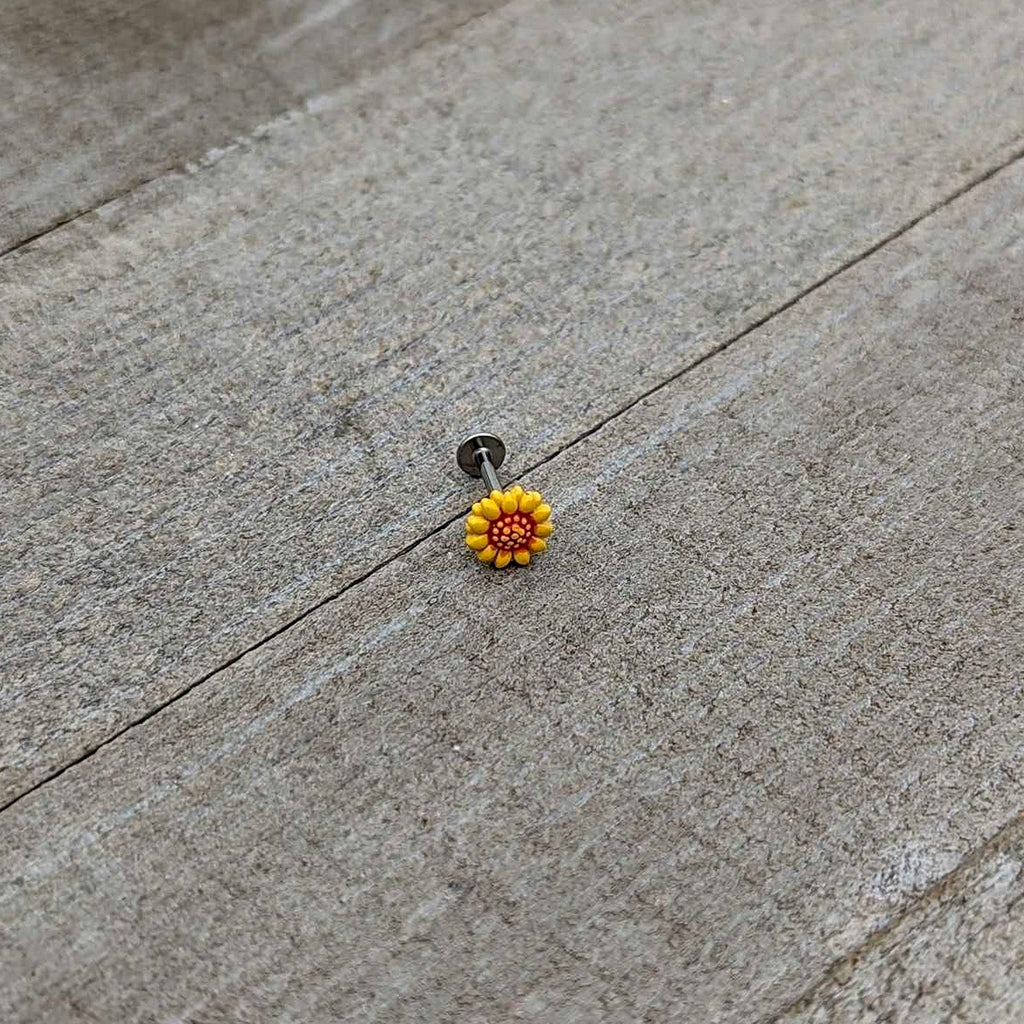 BodyCandy 16G 5/16 Happy Sunflower Yellow Labret Monroe Tragus — in-use photo