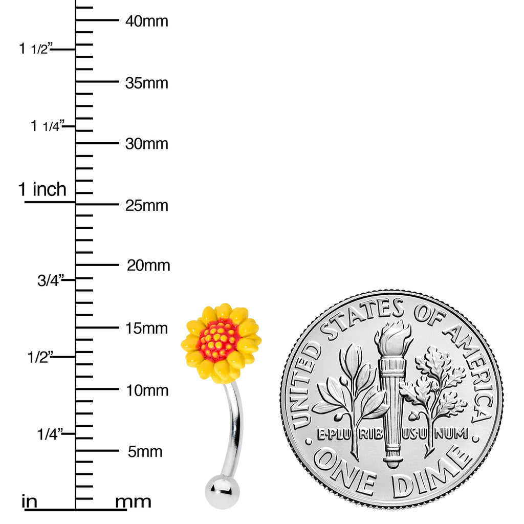 BodyCandy 16G 5/16 Happy Sunflower Yellow Curved Eyebrow Ring — detail close-up