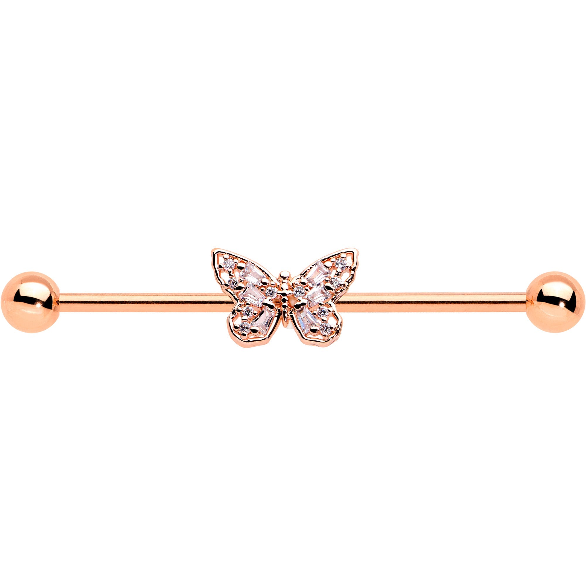 BodyCandy 14G Clear Gem Rosy Tone Baroque Butterfly Industrial Barbell 38mm — detail close-up