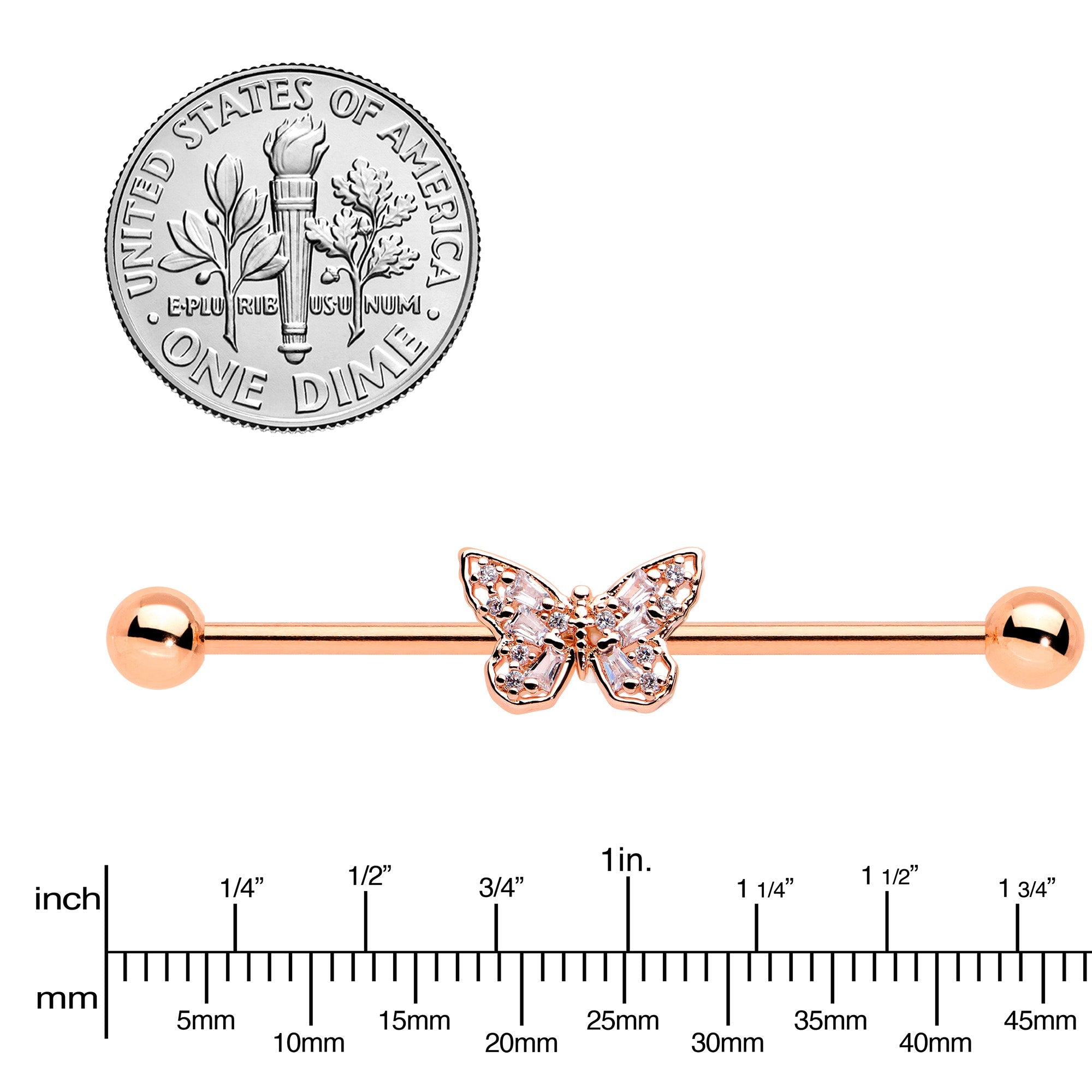 BodyCandy 14G Clear Gem Rosy Tone Baroque Butterfly Industrial Barbell 38mm — lifestyle context