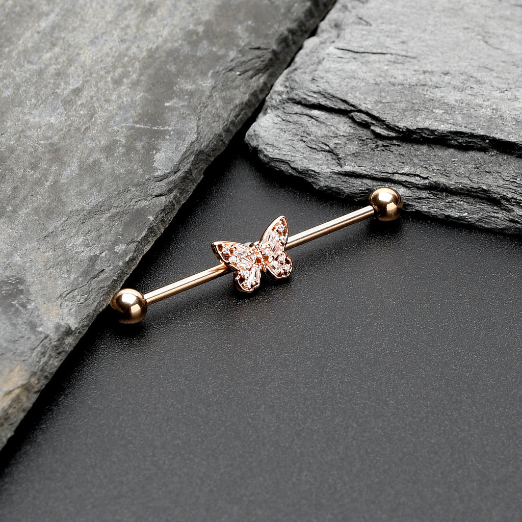 BodyCandy 14G Clear Gem Rosy Tone Baroque Butterfly Industrial Barbell 38mm — side view