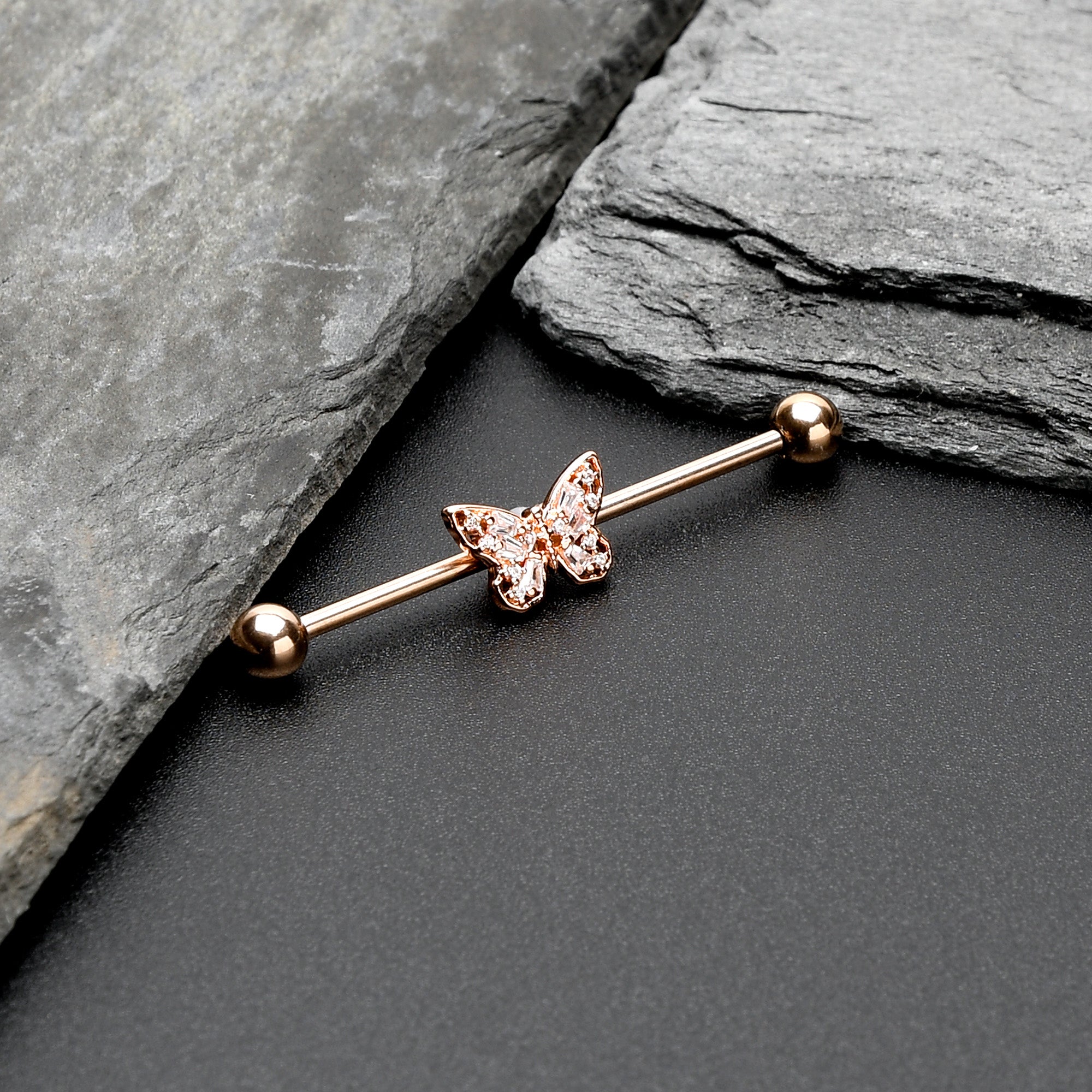 BodyCandy 14G Clear Gem Rosy Tone Baroque Butterfly Industrial Barbell 38mm — side view