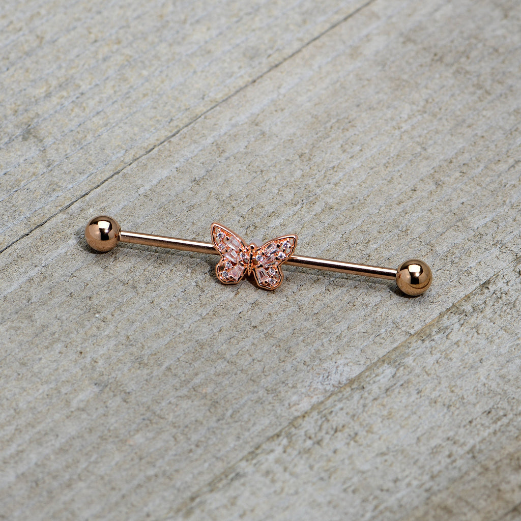BodyCandy 14G Clear Gem Rosy Tone Baroque Butterfly Industrial Barbell 38mm — back view