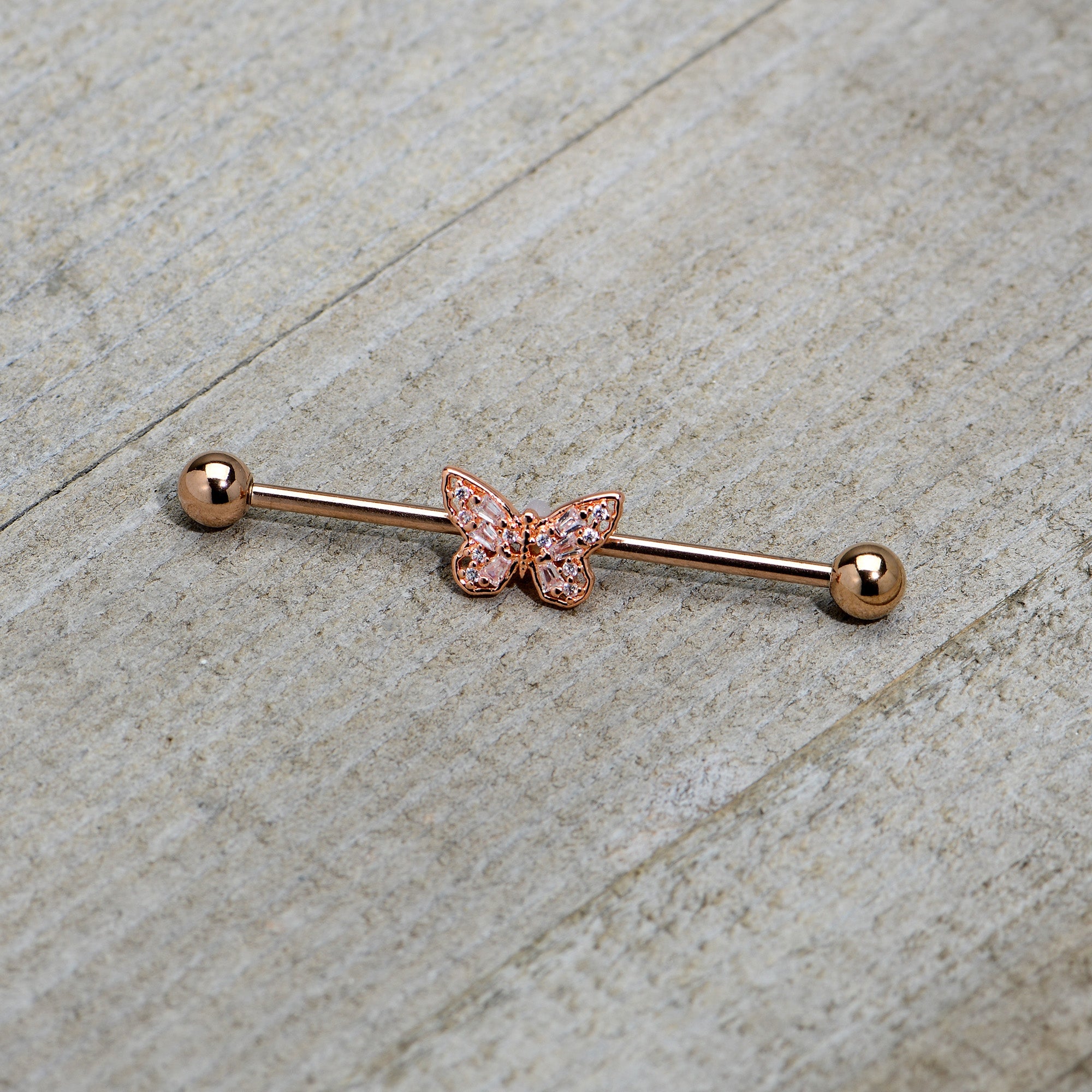 BodyCandy 14G Clear Gem Rosy Tone Baroque Butterfly Industrial Barbell 38mm — back view