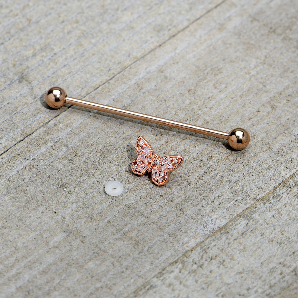 BodyCandy 14G Clear Gem Rosy Tone Baroque Butterfly Industrial Barbell 38mm — alternative angle