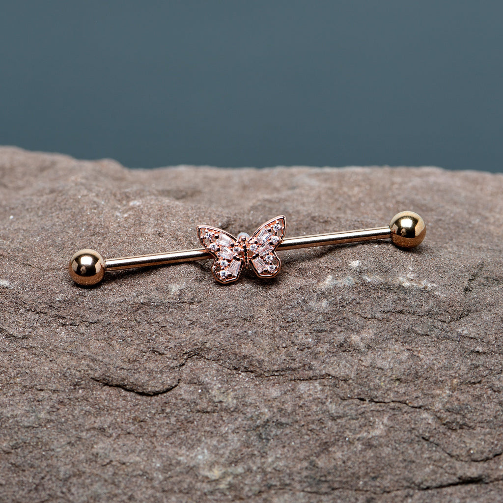 BodyCandy 14G Clear Gem Rosy Tone Baroque Butterfly Industrial Barbell 38mm — in-use photo