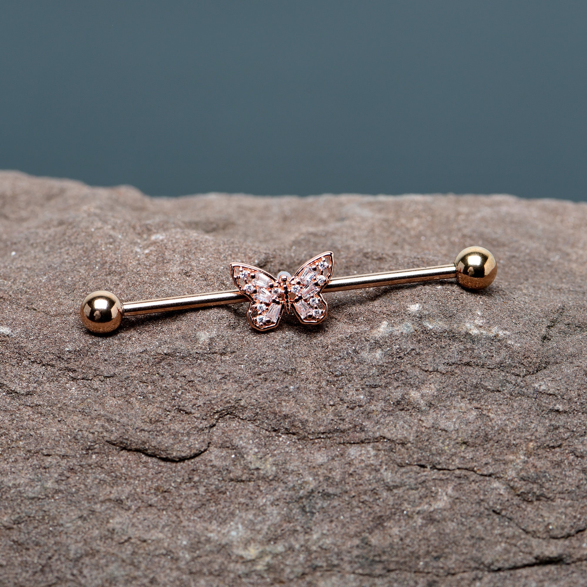 BodyCandy 14G Clear Gem Rosy Tone Baroque Butterfly Industrial Barbell 38mm — in-use photo