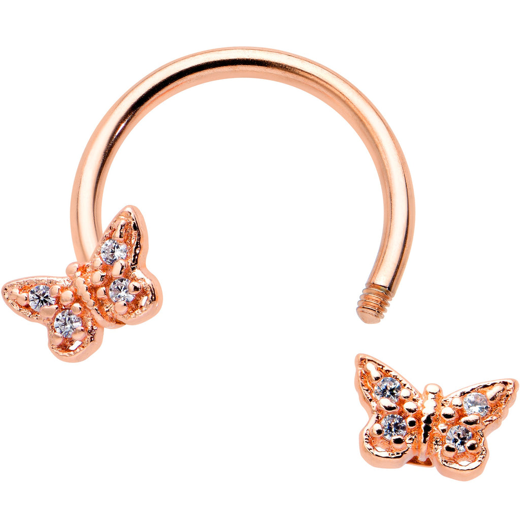 BodyCandy 16G 3/8 Clear Gem Rosy Tone Butterfly Horseshoe Circular Barbell — detail close-up