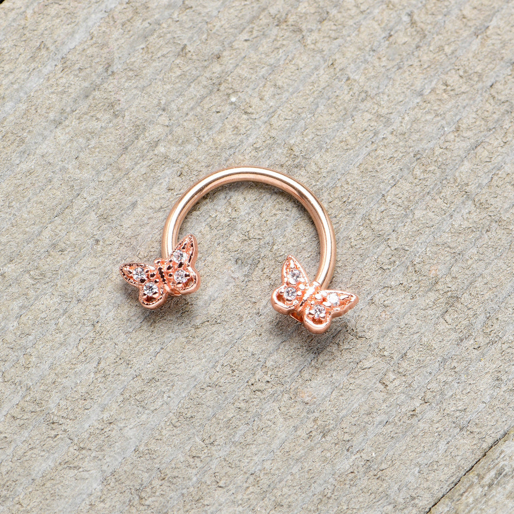 BodyCandy 16G 3/8 Clear Gem Rosy Tone Butterfly Horseshoe Circular Barbell — alternative angle