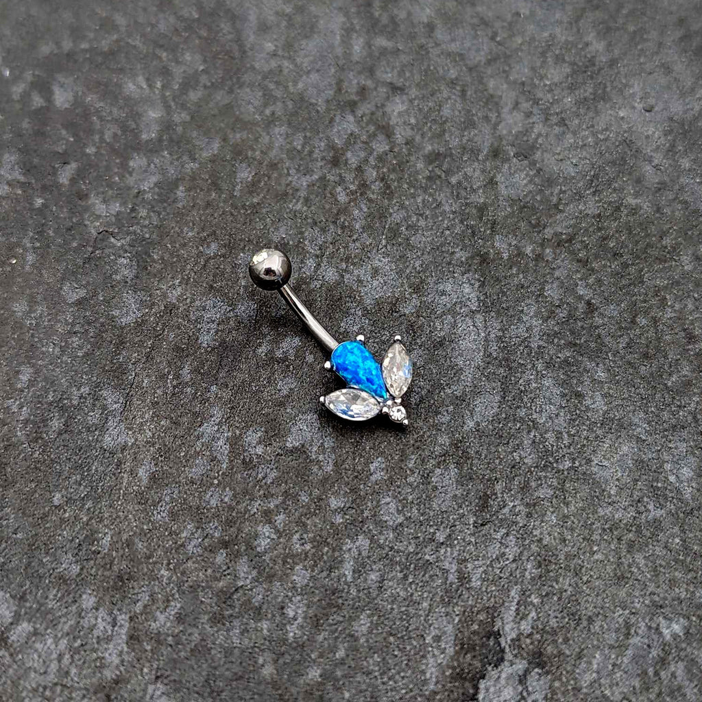 BodyCandy Blue Synthetic Opal Style Flower Belly Ring — side view